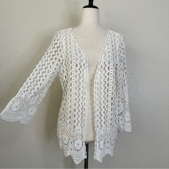 Do Everything In Love White Crochet Knit Open Front Cover up Cardigan, One Size - Picture 2 of 12